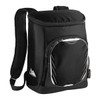 A black cooler backpack featuring a front pocket and mesh shoulder straps, ideal for carrying drinks.
