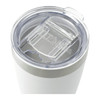 A drink bottle in white with a silver band and a clear lid featuring a sliding closure and a logo.