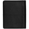 A black leather A4 zippered compendium with a smooth texture and a branding logo.