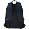 A navy blue laptop backpack featuring padded straps and a mesh back panel, designed for comfort and anti-theft protection.