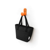 A black cooler tote bag with two handles, hanging on an orange hook. It features a front pocket and a logo.