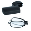 Folding reading glasses in black, displayed next to a black case. The glasses are folded and resting on a flat surface.