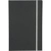 A dark grey journal with a grey elastic band, featuring a simple design and a logo on the cover.