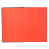 An open journal features bright red pages and a black cover, ideal for note-taking or journaling.
