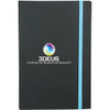 A black journal with a blue elastic band and a logo on the front. Ideal for note-taking or journaling.