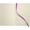 A soft bound journal with a cream interior, lined pages, and a purple ribbon bookmark. It has a branding logo on the cover.