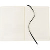 A large bound journal with soft covers, featuring lined pages and a black ribbon marker.