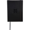 A black, ultra-soft bound journal with a floral emblem and an elastic band closure. Features a ribbon bookmark.