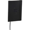 A black bound journal with an embossed floral design and an elastic band closure, featuring a logo.