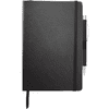A black journal with a pen, featuring a sleek cover and an elastic band for closure. It has a logo on the front.