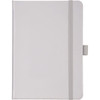 A grey hard-bound journal with an elastic closure and a ribbon bookmark, featuring a logo on the cover.