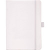 A white hard-bound journal with a grey elastic strap and a branding logo on the front cover.