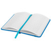 A blue Spectrum Pocket Notebook with lined pages, featuring a bookmark ribbon and an elastic closure.