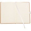 A notebook featuring lined pages and a ribbon bookmark, with a brown cover and a subtle logo.
