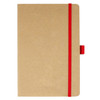 A kraft paper journal with a red elastic band closure and a red ribbon bookmark. It has a logo on the cover.