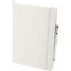 A white hardbound journal with an elastic band and a pen attached, featuring a logo on the cover.