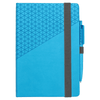 A blue notebook with a textured geometric design and a matching blue pen, secured with a grey elastic band.