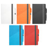 A set of five notebooks in various colours—white, orange, black, blue, and red—with matching pens. Each notebook has a geometric design.