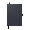 A black A5 journal with a flexible cover, closure elastic, and a ribbon bookmark. It includes a branding logo.