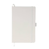 A white A5 notebook with a ribbon marker and elastic closure, featuring a logo on the cover.