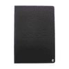 A black hardcover notebook featuring a textured design and a logo on the front.