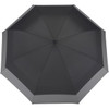 A black expanding auto open umbrella with a smooth, sleek design, featuring a central handle and a logo.