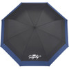 An expanding auto open umbrella with a navy blue canopy and black inner lining, featuring a logo.