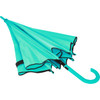 A teal fashion umbrella with black trim and a curved handle, showcasing a compact, auto-open design.