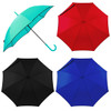 A collection of four umbrellas in turquoise, red, black, and blue, featuring a design with a logo.