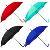 A set of four umbrellas in red, teal, black, and blue, each with a curved handle and a simple design.
