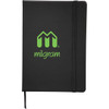 A black 5 X 7 snap elastic closure notebook with a green logo on the front cover.