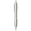 A silver plastic pen with a sleek design and a clip, featuring a logo on the barrel.