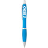 A blue plastic pen featuring a silver clip and grip, with a logo on the barrel.