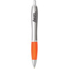 A silver and orange plastic pen with a branding logo.