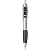 A plastic pen with a silver barrel, black grip, and clip, featuring a logo on the side.