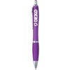 A purple plastic pen with a silver clip and grip, featuring a logo on the barrel.