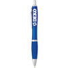 A blue plastic pen with a silver clip and a logo on the barrel.