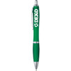 A green plastic pen with a silver clip and a branding logo on the side.