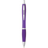 A purple plastic pen with a silver clip and tip, featuring a comfortable grip and a sleek design.