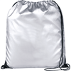 A reflective silver drawstring bag with black accents and a cinched top, featuring a logo.