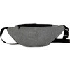 A grey hipster fanny pack with a black zipper and strap, featuring a logo on the front.