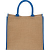 A large jute tote bag in natural and blue, featuring sturdy handles and a simple design.