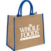 A large jute tote bag in natural brown with blue handles and a logo.