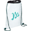 A clear drawstring sportspack featuring a black top and green drawstrings, with a logo on the front.