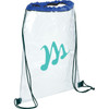 A clear drawstring sportspack with a blue top and green drawstrings, featuring a logo on the front.