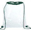 A clear drawstring sportspack with green drawstrings, featuring a simple design and no visible branding.