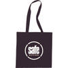 A black cotton tote bag with a circular logo in white. It has two long handles for carrying.
