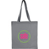 A grey tote bag with long handles and a logo in pink and green. It is made of 100% cotton.