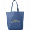 A blue non-woven tote bag with two handles, featuring an embroidered logo.