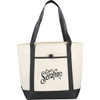 A large cream tote bag with black handles and a logo on the front. Suitable for carrying various items.